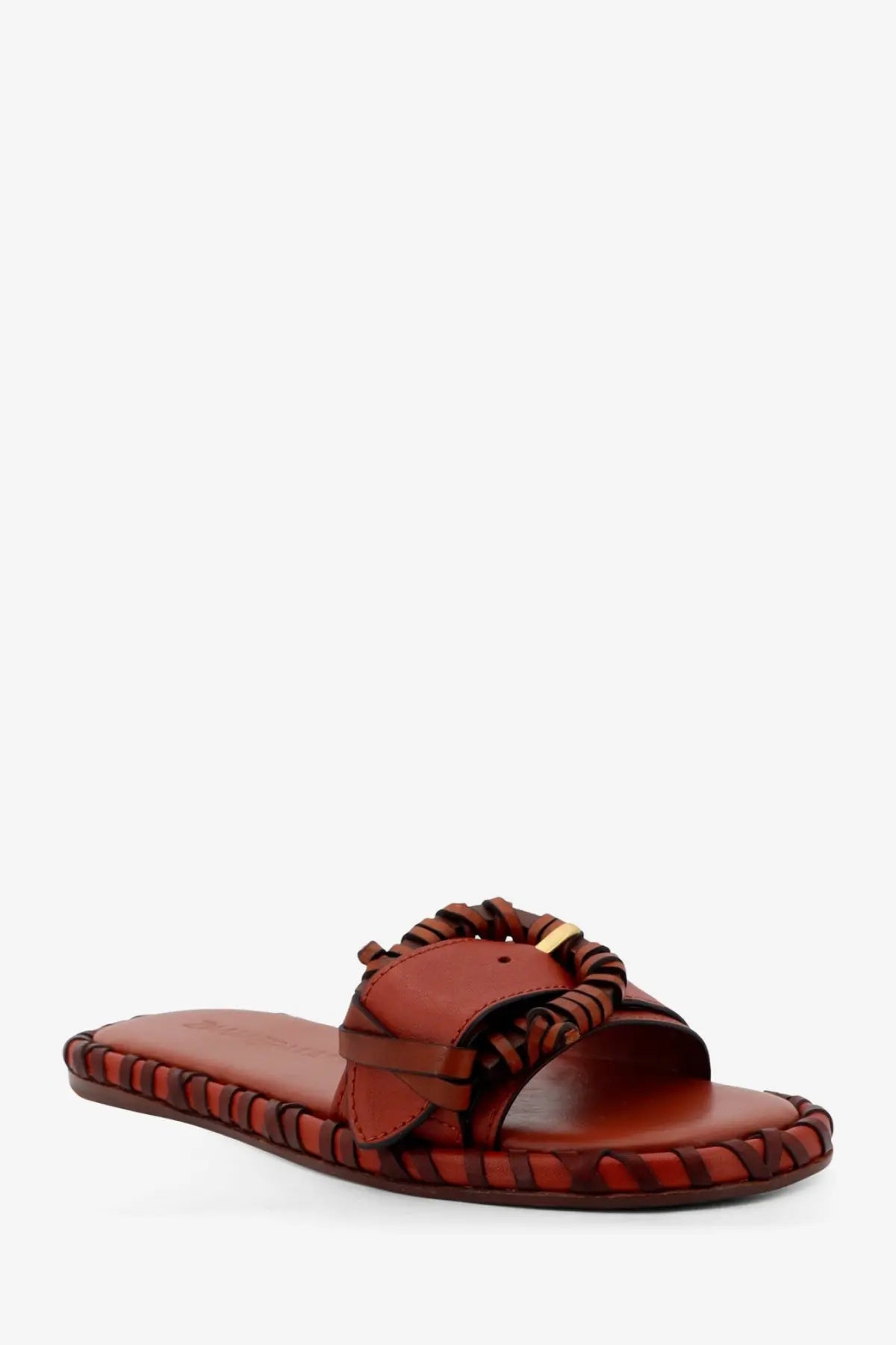 Zimmermann women’s alchemy leather slide sandal in brown with braided strap and gold tone buckle