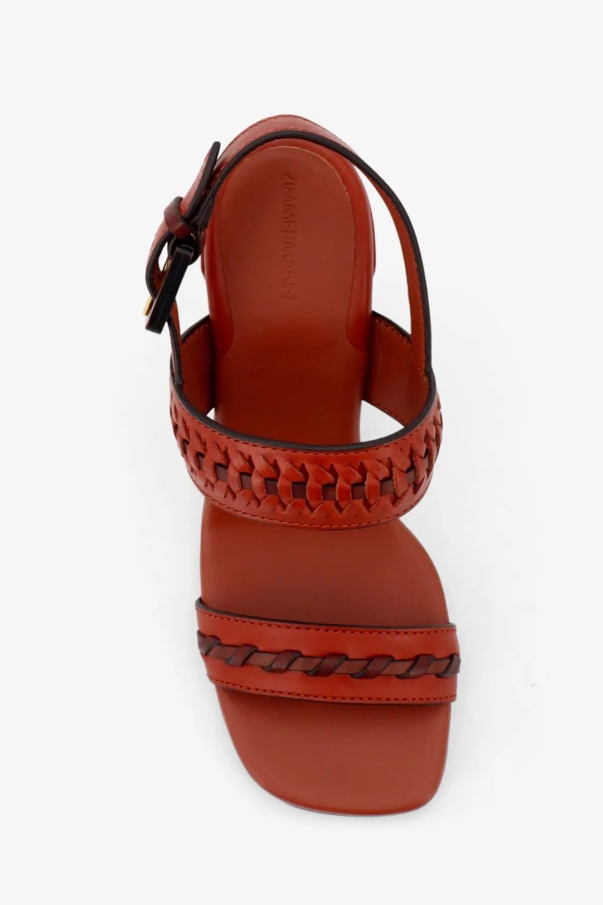 Zimmermann women’s alchemy leather sandals sienna with rust-colored braided straps and black buckle