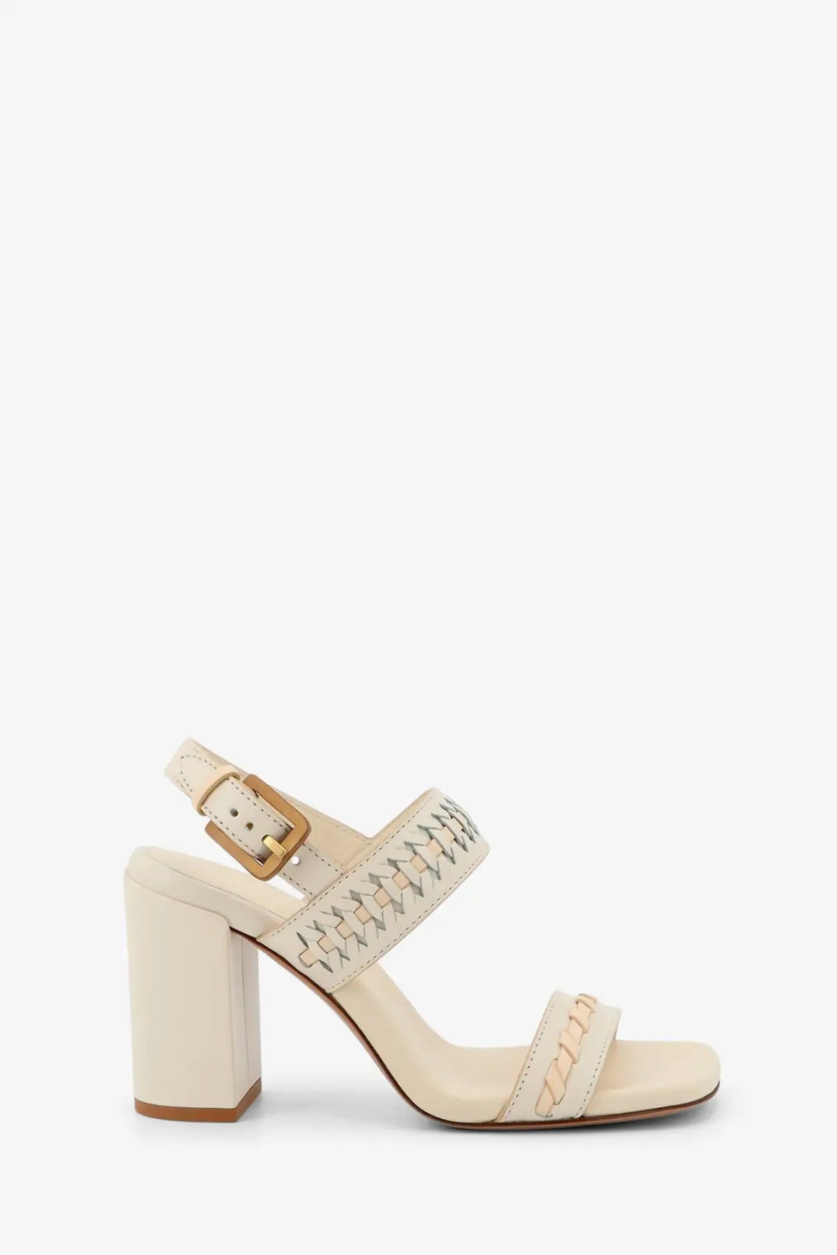 Cream-colored Zimmermann women’s alchemy leather sandal with woven strap detail and gold-tone buckle