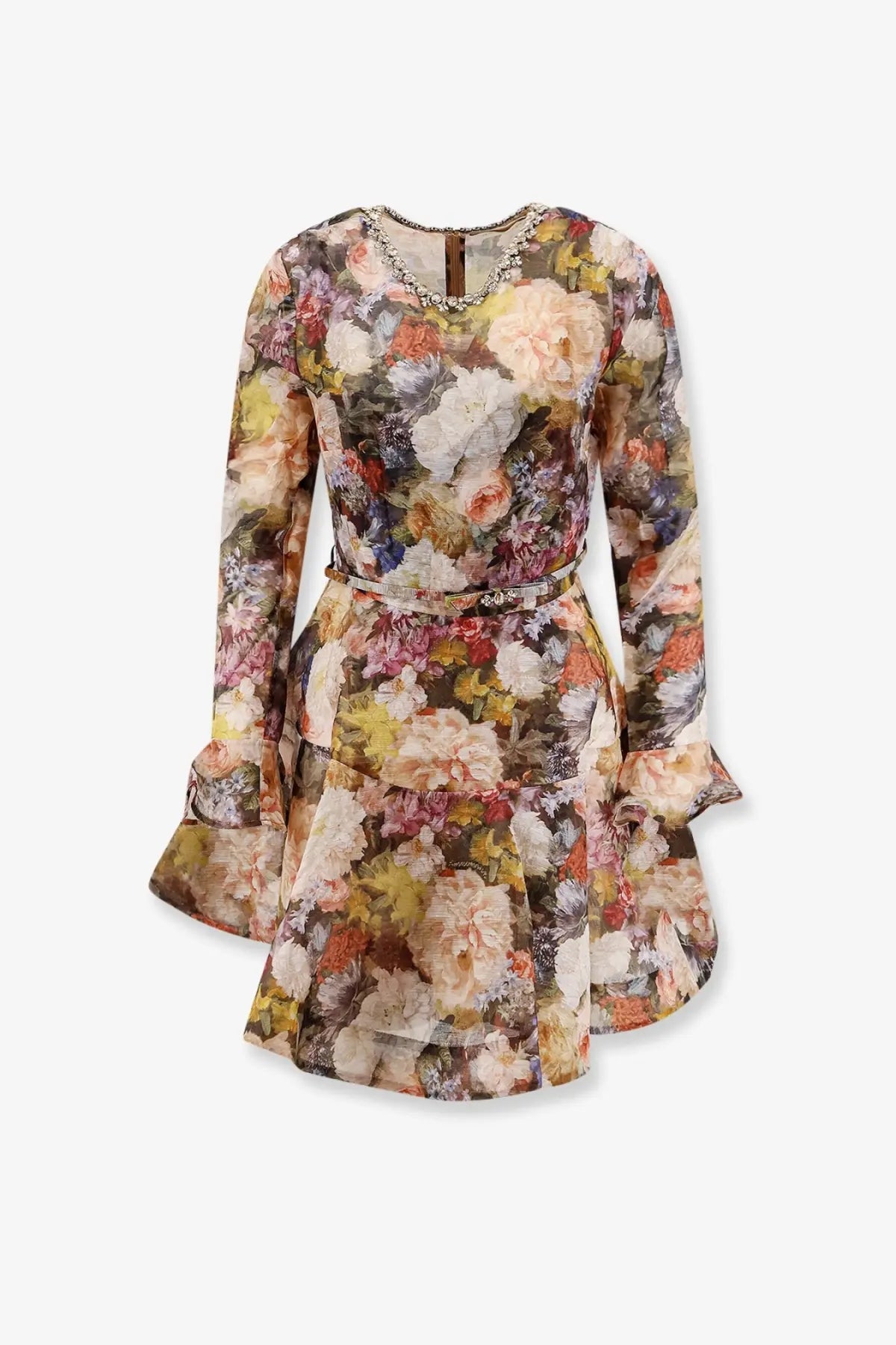 Zimmermann women’s alchemy pink floral long-sleeved linen and silk dress with fitted waist and flared skirt