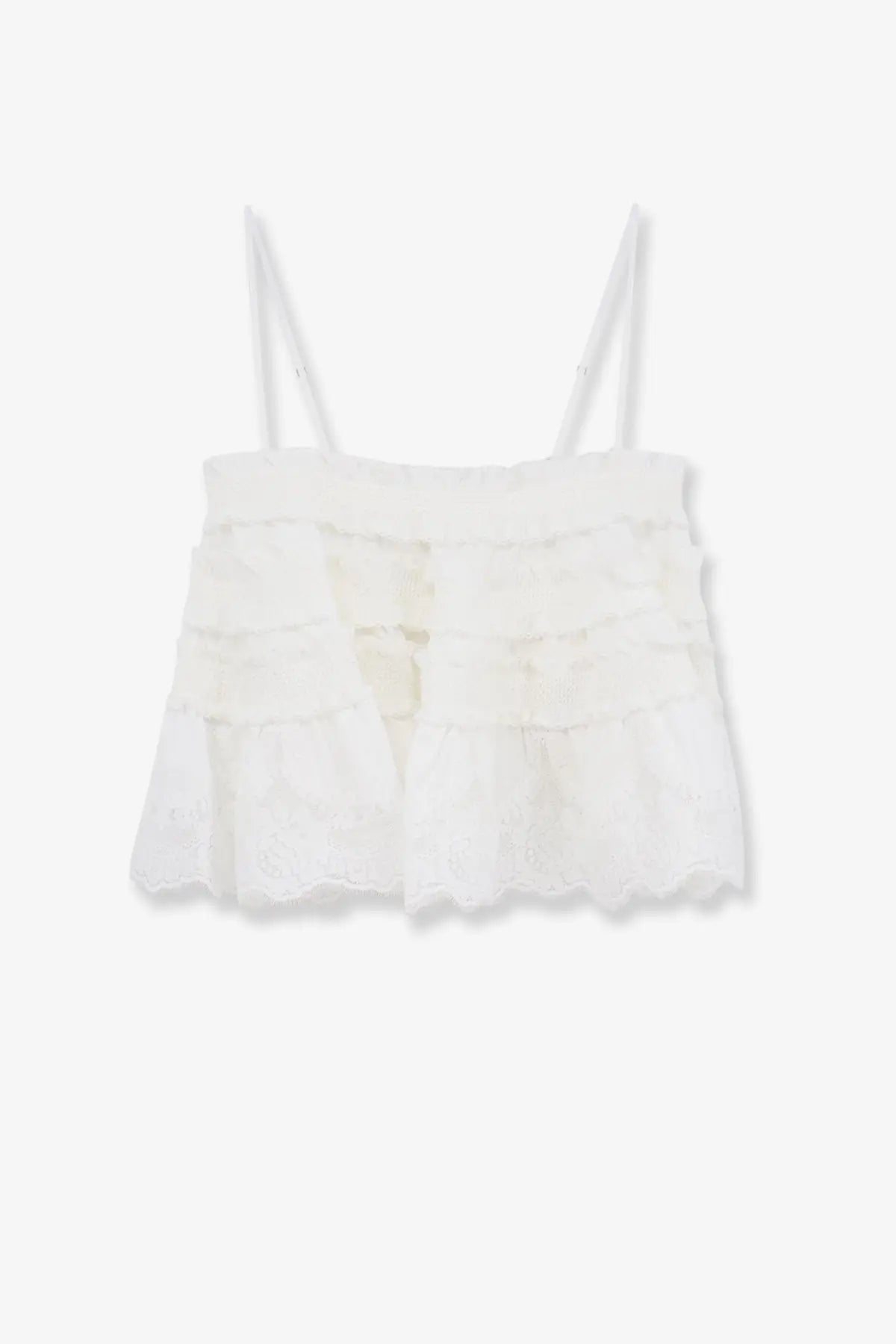 Zimmermann women’s alchemy shirred bandeau top white with white lace, delicate ruffled layers, and thin spaghetti straps