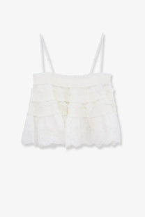 Zimmermann women’s alchemy shirred bandeau top white with white lace, delicate ruffled layers, and thin spaghetti straps