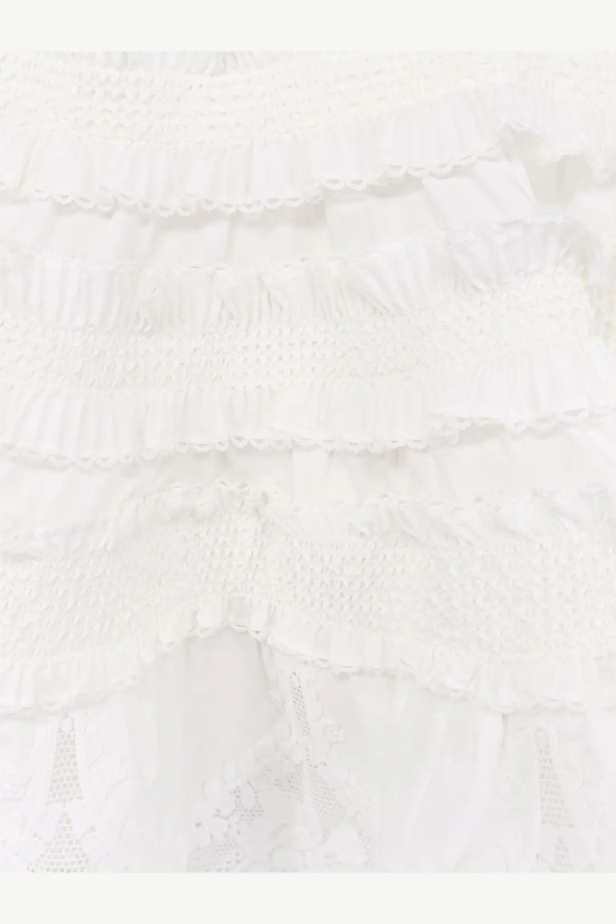 Zimmermann women’s alchemy shirred bandeau top white with white ruffled lace, layered frills, and delicate embroidery