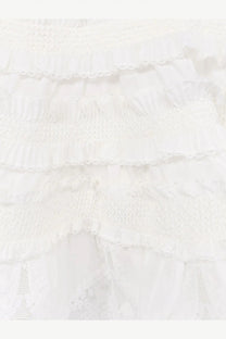 Zimmermann women’s alchemy shirred bandeau top white with white ruffled lace, layered frills, and delicate embroidery