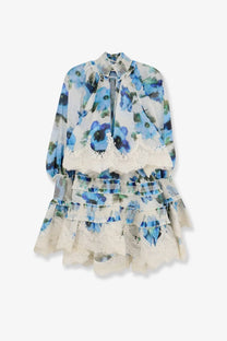 Zimmermann women’s alchemy shirred mini dress blue with delicate floral print layered ruffles and lace trim