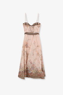 Zimmermann womens alchemy blue silk and linen blend midi dress with delicate pink floral print and spaghetti straps