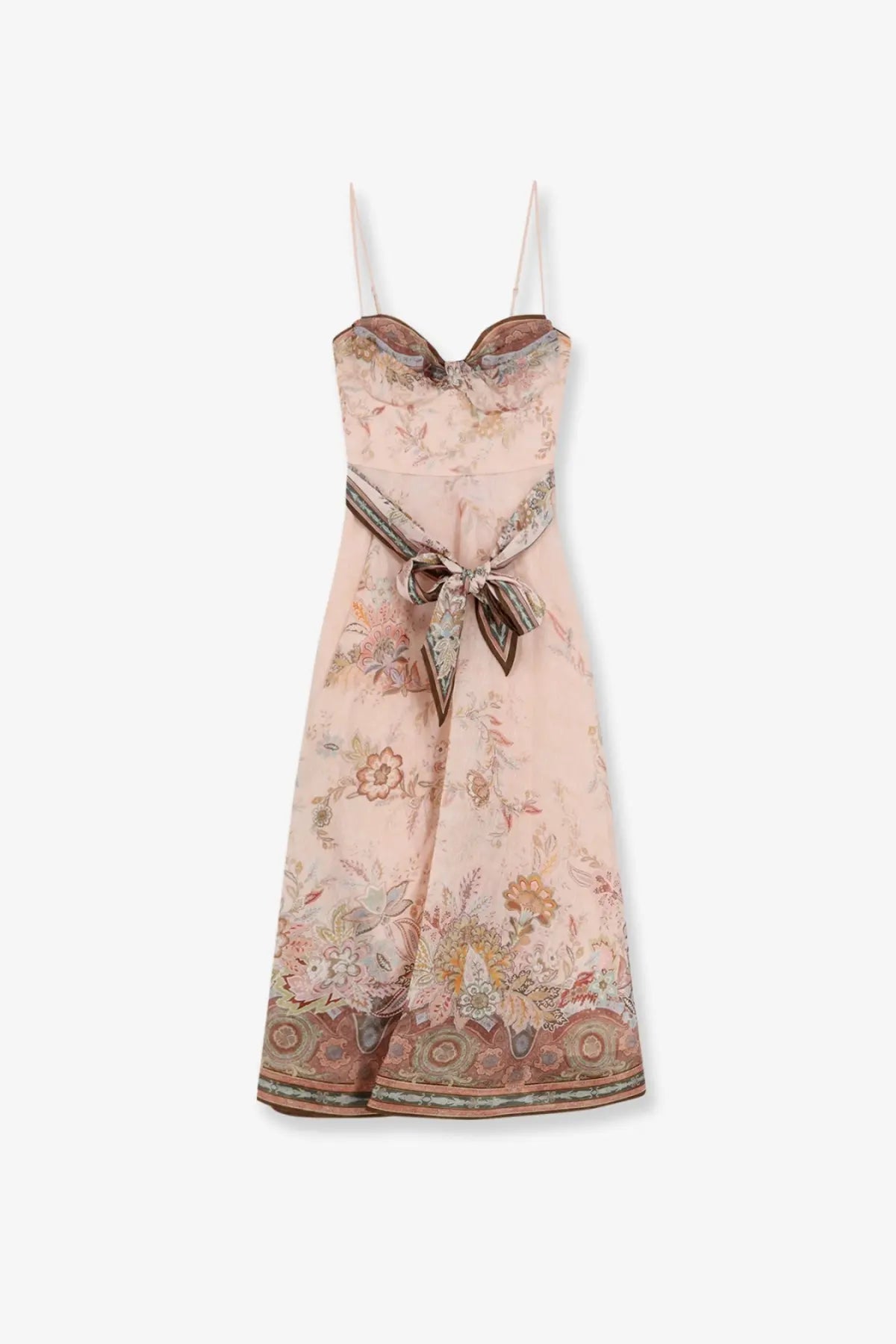Zimmermann women’s alchemy silk and linen blend midi dress in blue with delicate pink floral print slip style and matching belt