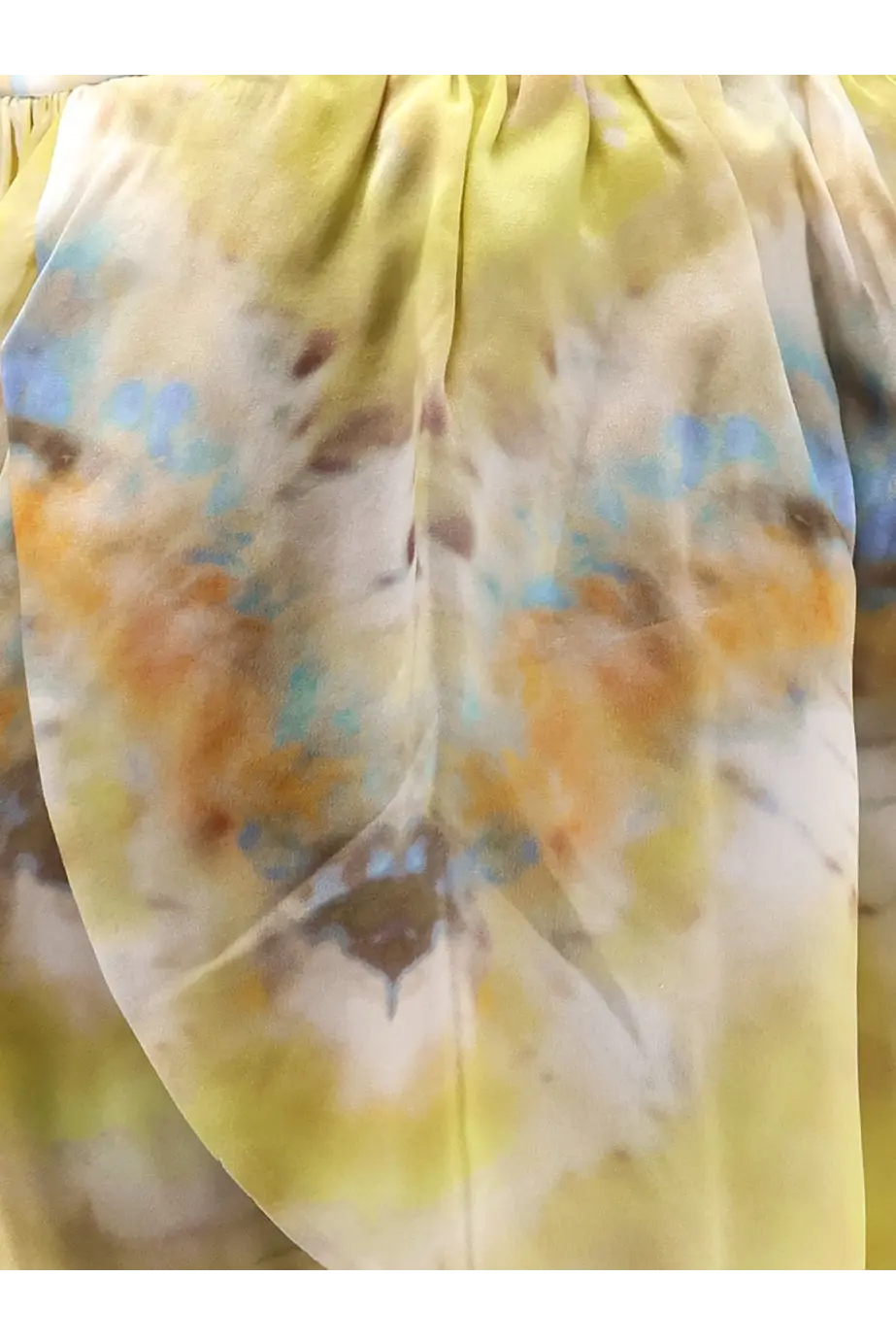 Zimmermann women’s alchemy silk micro shorts in brown with lightweight flowing tie-dye fabric in yellow blue and brown