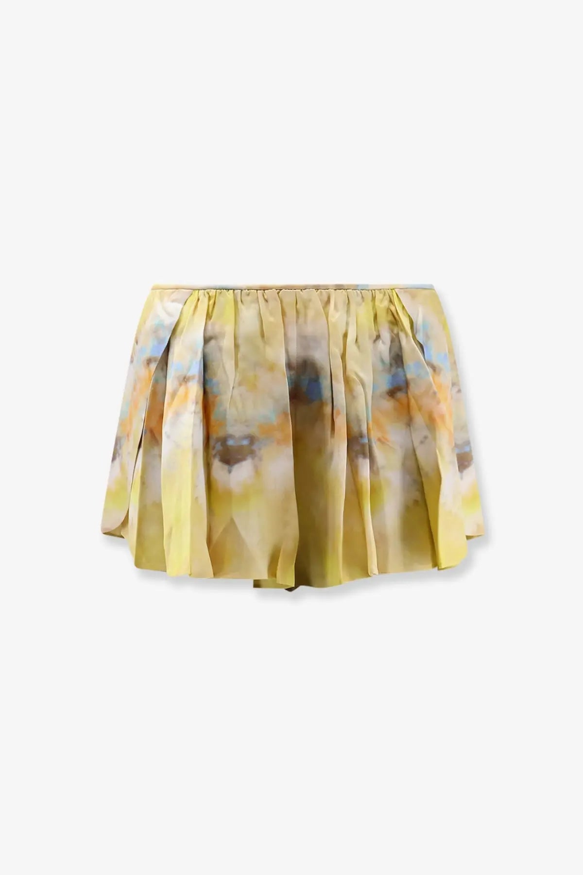 Zimmermann women’s alchemy silk micro shorts brown with a yellow pleated mini skirt featuring abstract blue and brown print