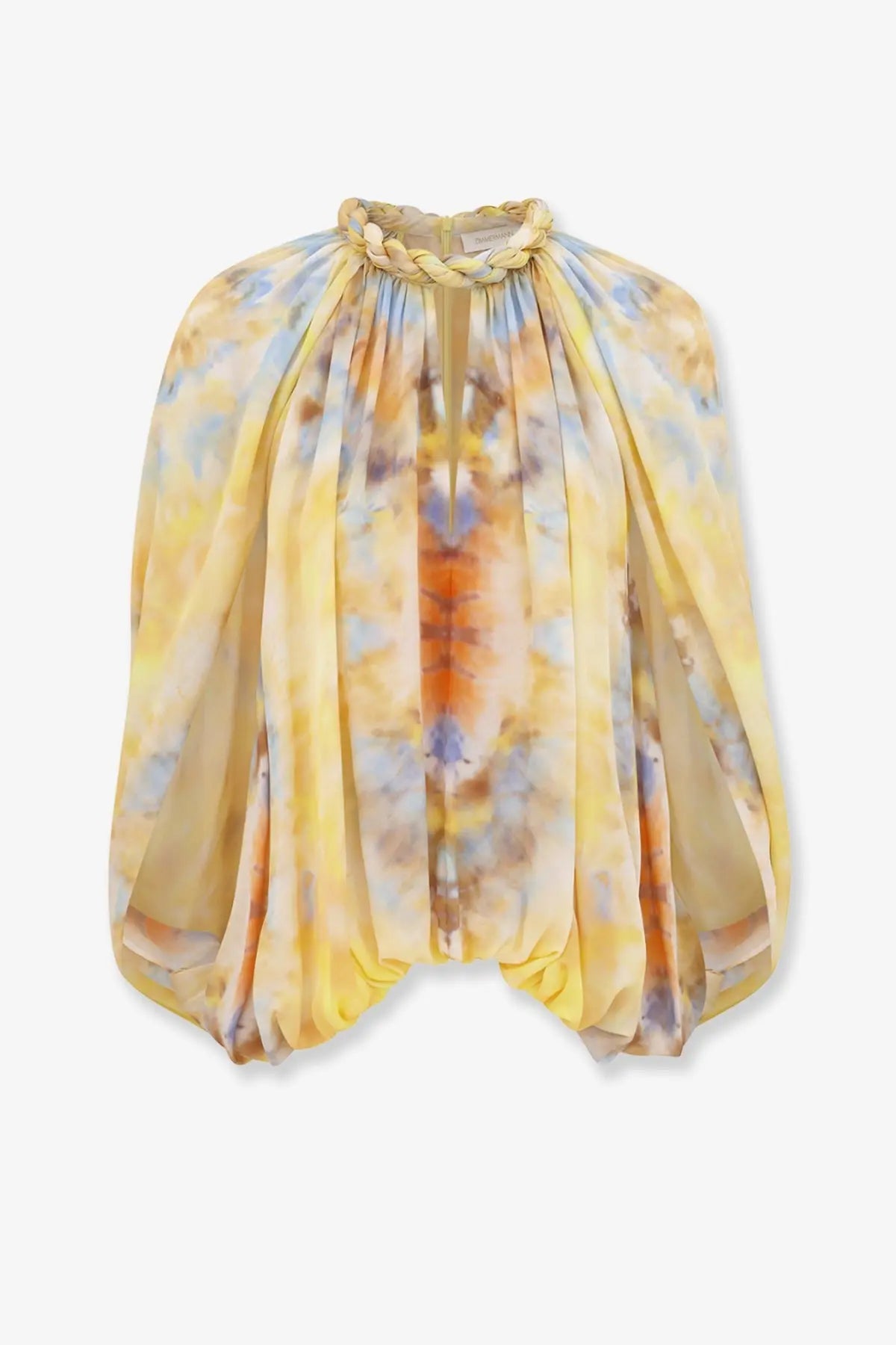 Zimmermann women’s alchemy twist billow silk top in soft yellow orange and blue tie dye with braided neckline and puffed sleeves