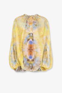 Zimmermann women’s alchemy twist billow silk top in yellow tie-dye with long puffed sleeves and gathered neckline