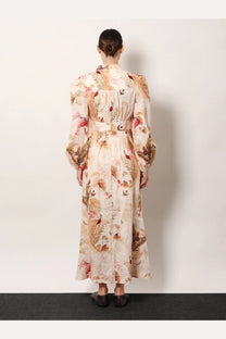 Zimmermann women’s ascension plunge linen midi dress in white with flowing long sleeves and floral bird motifs