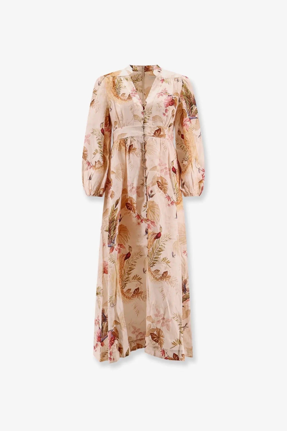 Zimmermann women’s ascension plunge linen midi dress in white with long sleeves and beige botanical feather print