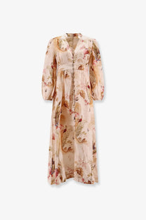 Zimmermann women’s ascension plunge linen midi dress in white with long sleeves and beige botanical feather print