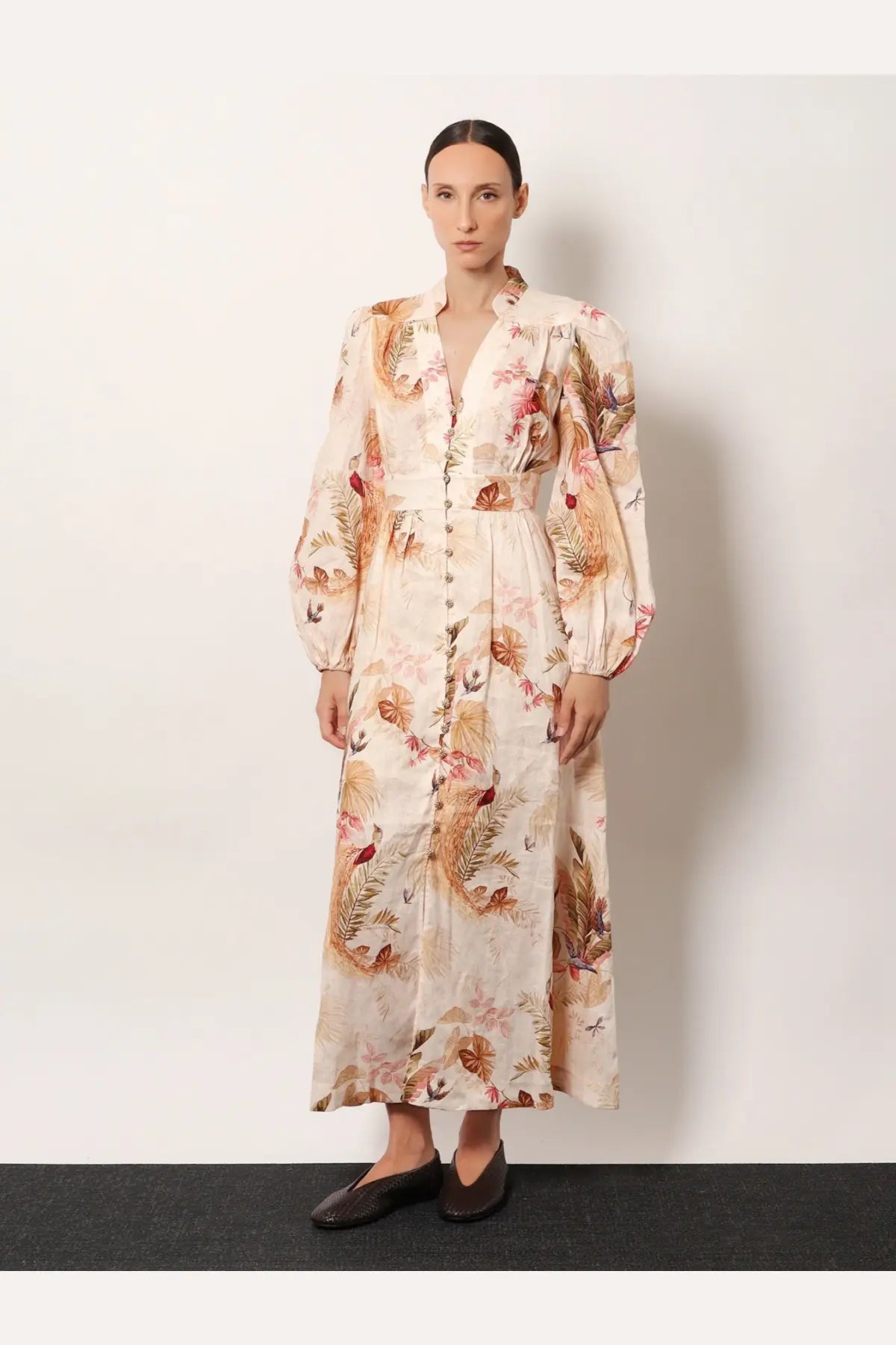 Zimmermann women’s ascension plunge linen midi dress in cream with floral and bird patterns in earthy tones