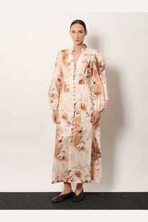 Zimmermann women’s ascension plunge linen midi dress in cream with floral and bird patterns in earthy tones