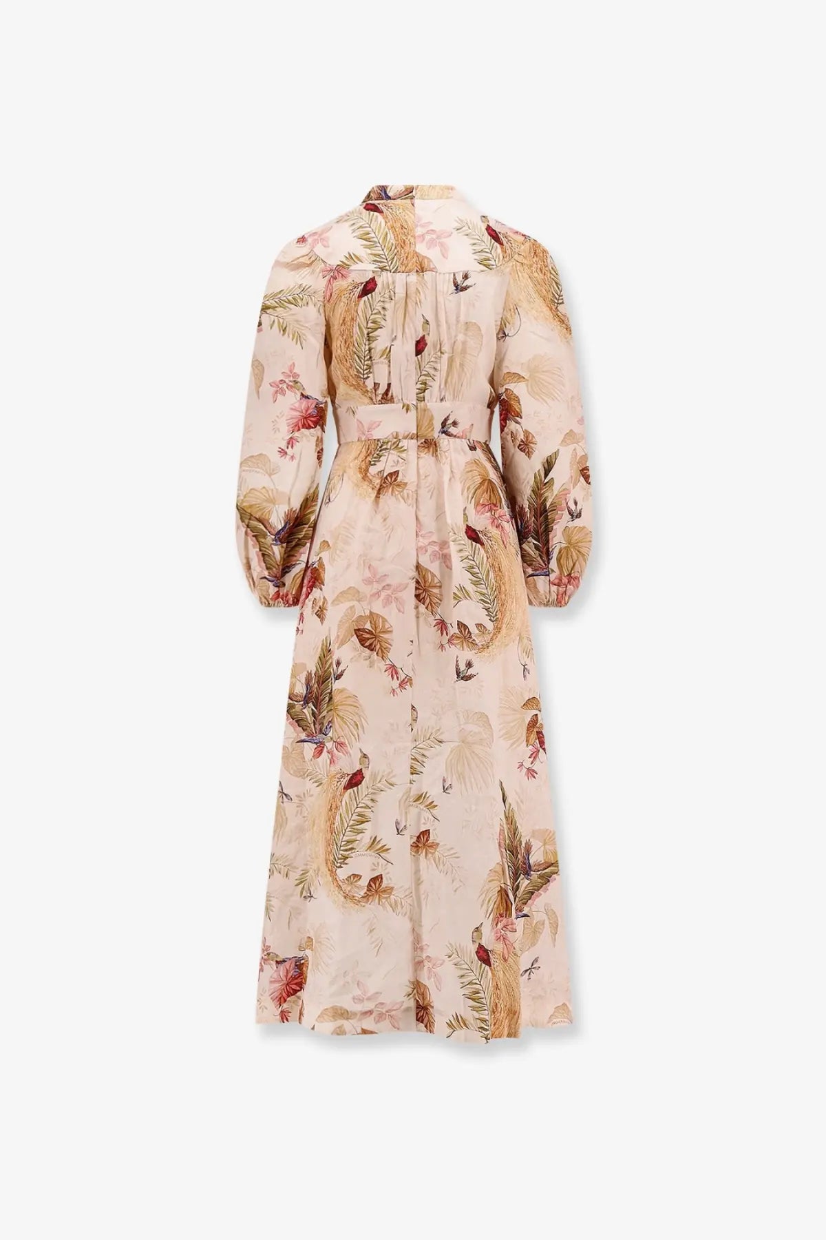 Zimmermann women’s ascension plunge linen midi dress in soft beige with botanical bird print and long puffed sleeves