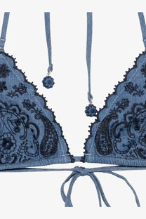 Zimmermann women’s Aster denim bikini top in blue with black paisley embroidery scalloped edges and floral charm straps