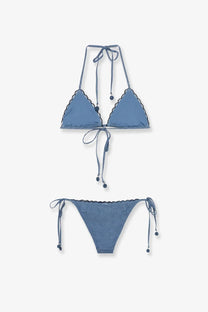 Zimmermann women’s aster denim blue bikini set with lace trim and beaded ties in triangle top style