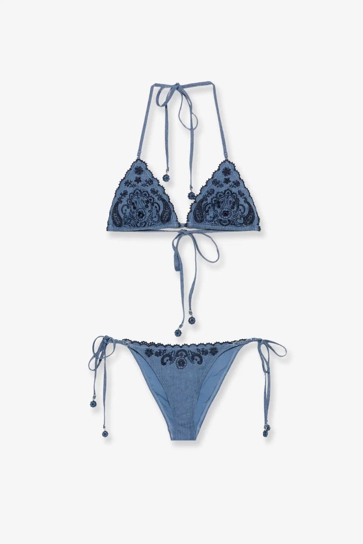 Denim-blue triangle bikini set with intricate black lace detailing and matching tie-side strings by zimmermann women
