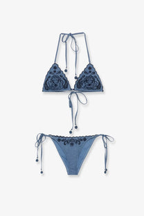 Denim-blue triangle bikini set with intricate black lace detailing and matching tie-side strings by zimmermann women