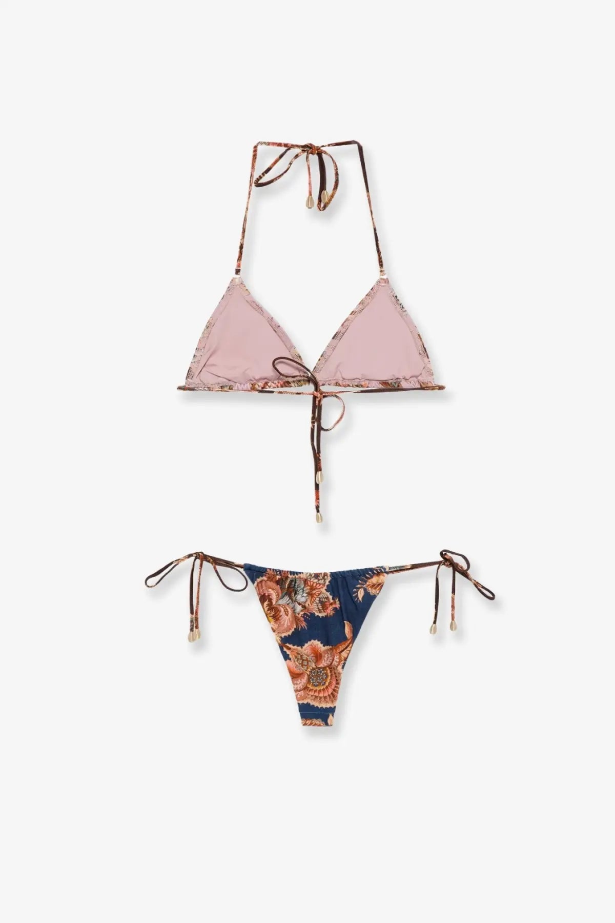 Zimmermann women’s aster nylon bikini multicolor with blush pink triangle top and navy blue floral thong bottom
