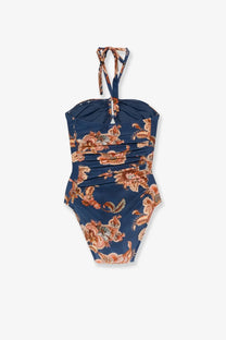 Zimmermann women’s aster nylon navy blue one-piece swimsuit with peach brown floral pattern ruched bodice and tie-back straps