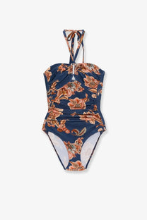 Zimmermann women’s aster navy blue nylon one-piece swimsuit with orange brown floral pattern ruched torso and halter ties