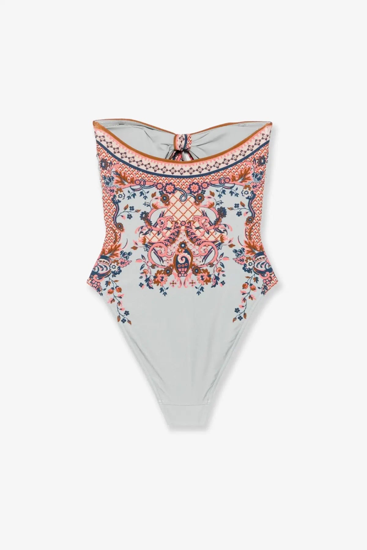 Zimmermann women’s aster one piece shiny nylon swimsuit in light gray with pink orange and navy floral paisley pattern