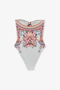 Zimmermann women’s aster one piece shiny nylon swimsuit in light gray with pink orange and navy floral paisley pattern