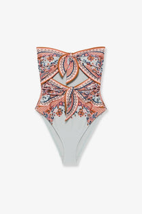 Zimmermann women’s aster strapless one piece shiny nylon swimsuit in coral navy cream paisley with bust bows