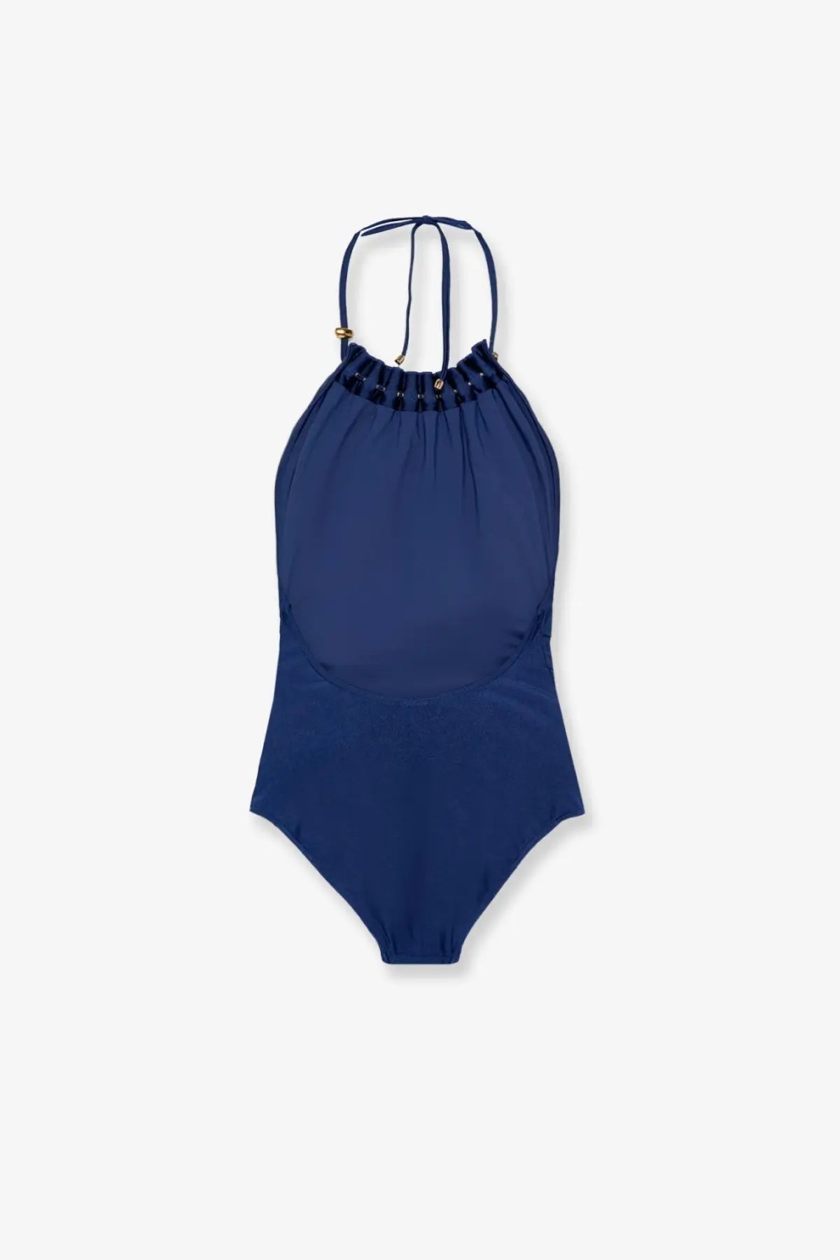 Zimmermann women’s aster one piece swimsuit in shiny nylon darkcobalt navy blue with gold-tone hardware accents at neckline