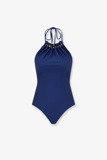 Zimmermann women’s aster one piece swimsuit in shiny nylon dark cobalt navy blue with gold-tone halter neckline accents