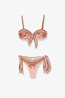 Zimmermann women’s aster shiny nylon bikini in blue with delicate pink and brown floral pattern and thin straps