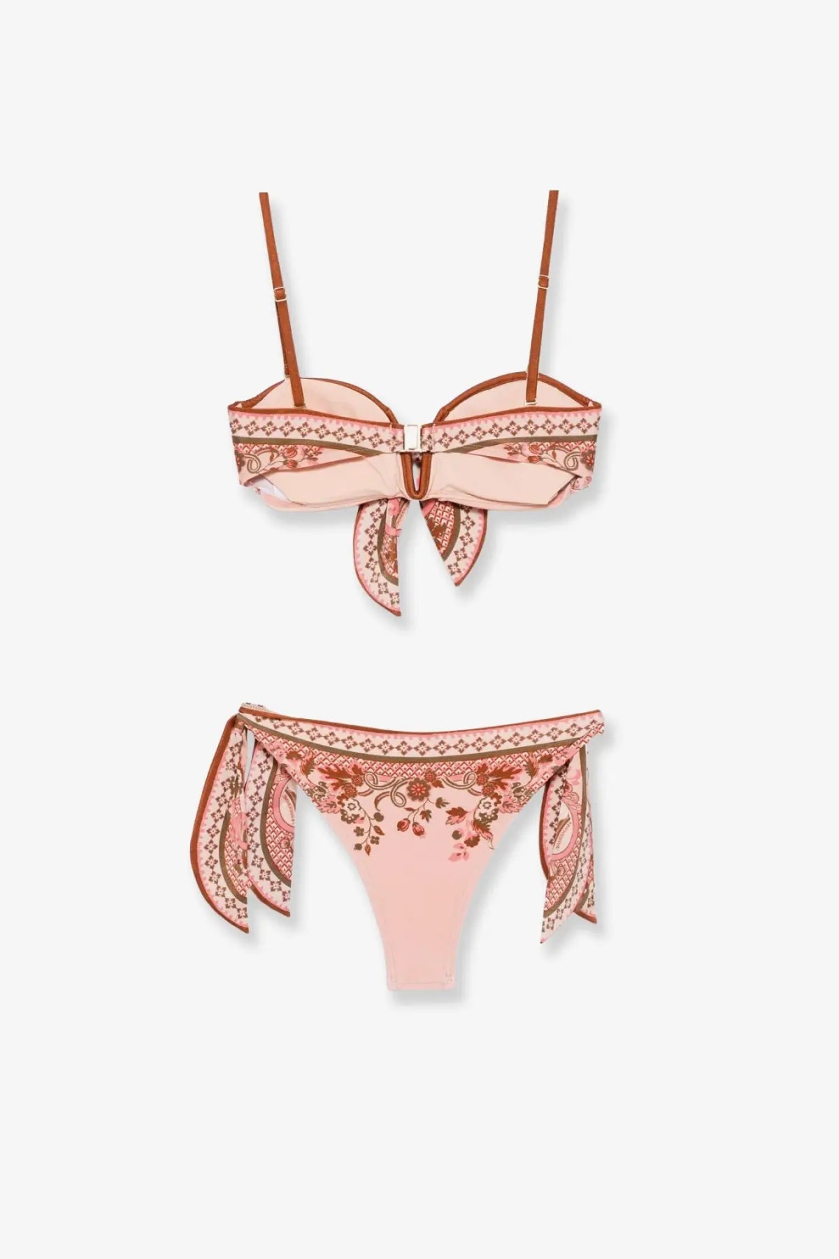 Zimmermann women’s aster shiny nylon bikini blue featuring a delicate pink set with brown floral paisley patterns and thin straps