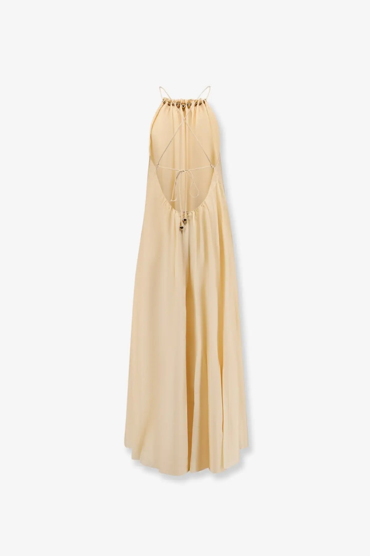 Beige silk Zimmermann women’s aster long maxi dress with halter neckline and gold-toned lace-up back detailing