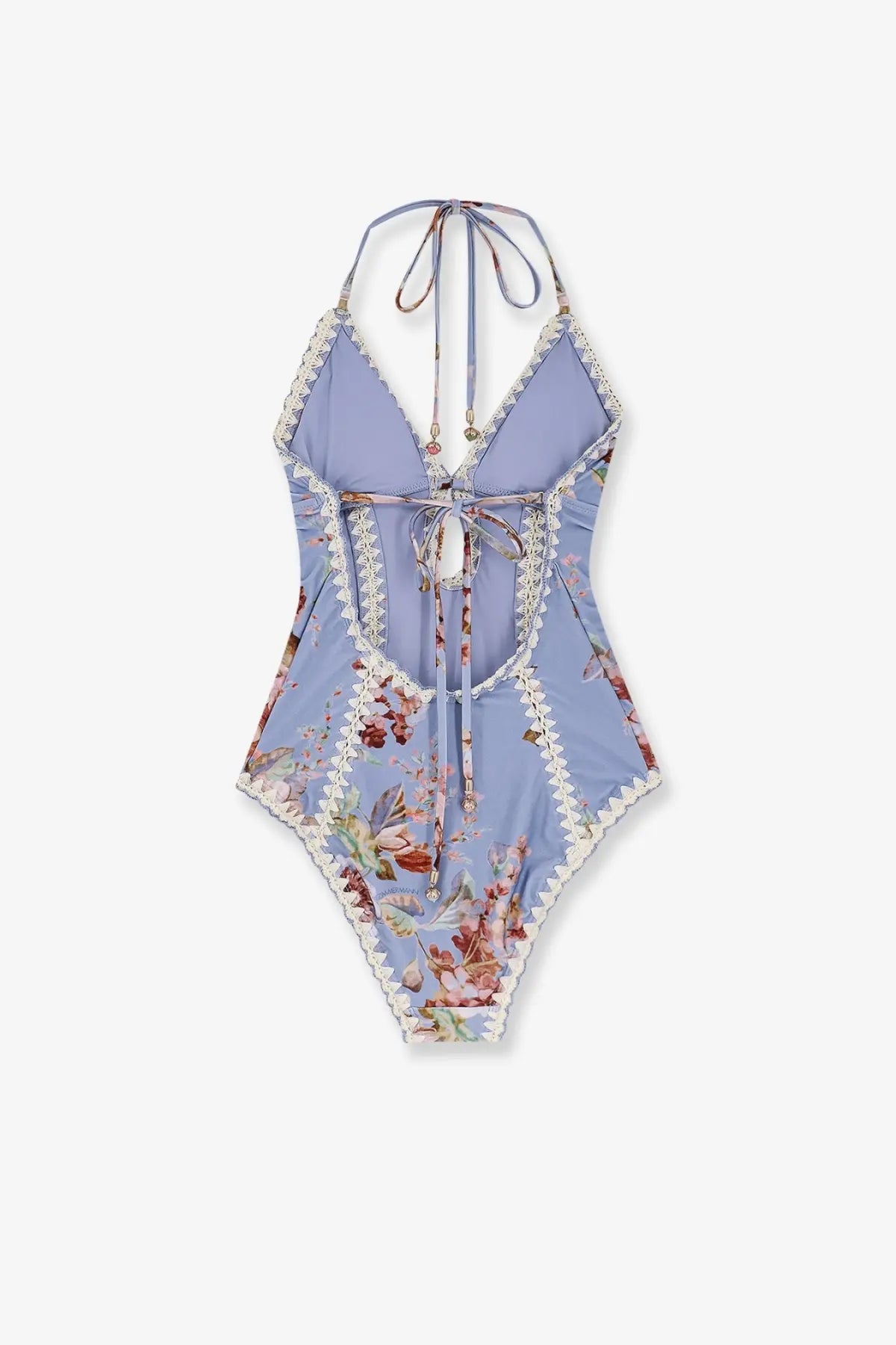 Zimmermann women’s awaken crochet one piece swimsuit in lavender with floral pattern and white lace trim edges