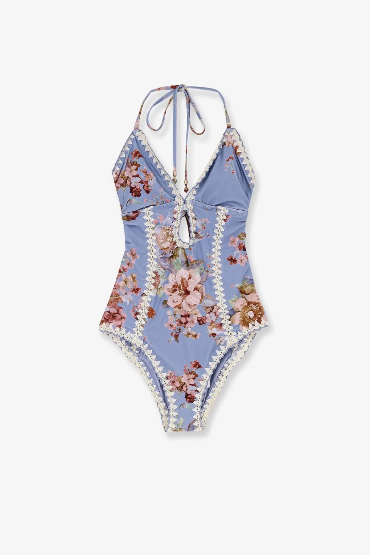 Zimmermann women’s awaken crochet one piece swimsuit in light blue with floral pattern and white lace trim details