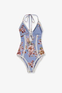 Zimmermann women’s awaken crochet one piece swimsuit in light blue with floral pattern and white lace trim details