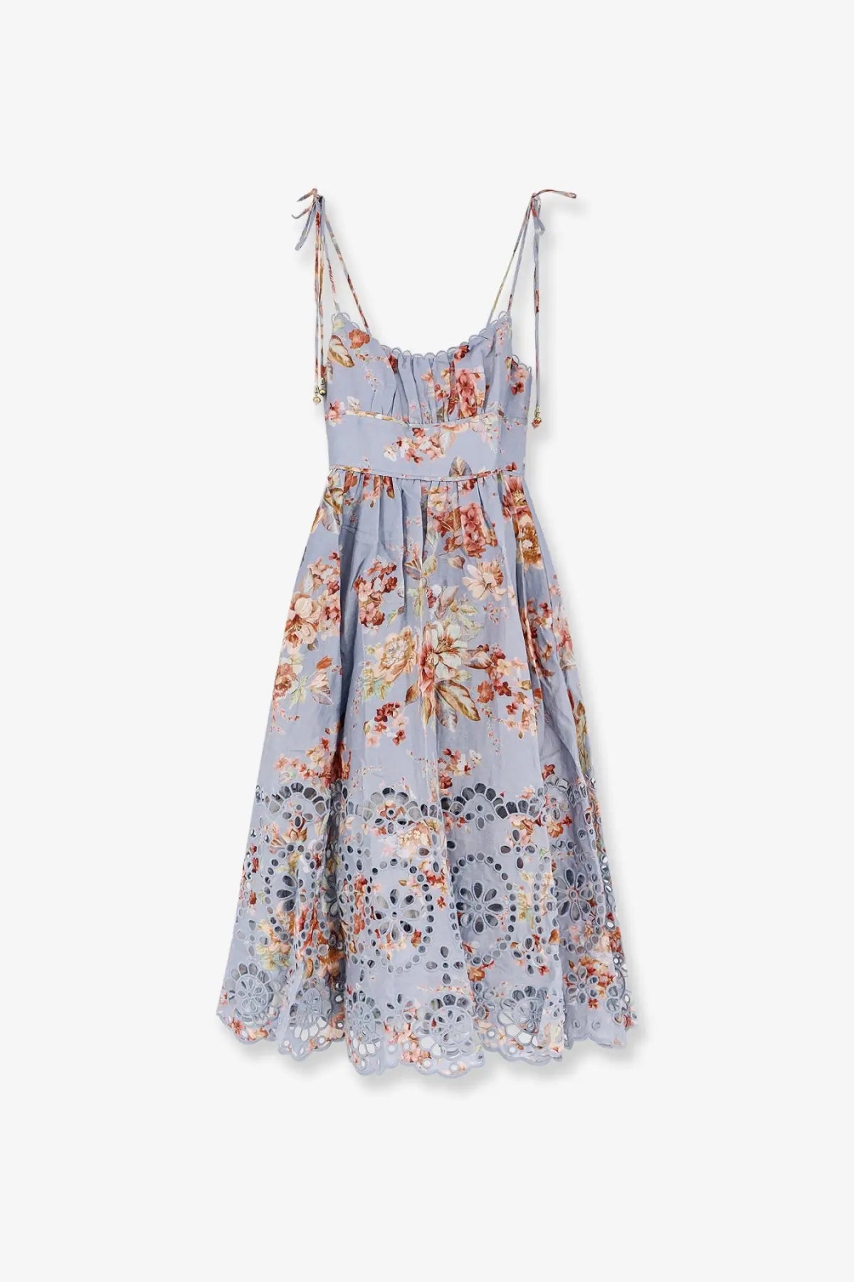 Zimmermann women’s awaken long linen dress orange with light blue floral midi length tie straps and eyelet lace hem