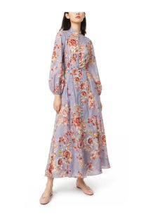Zimmermann women’s aweken billow dress multicolor flowing lavender floral maxi dress with long puffed sleeves and button front