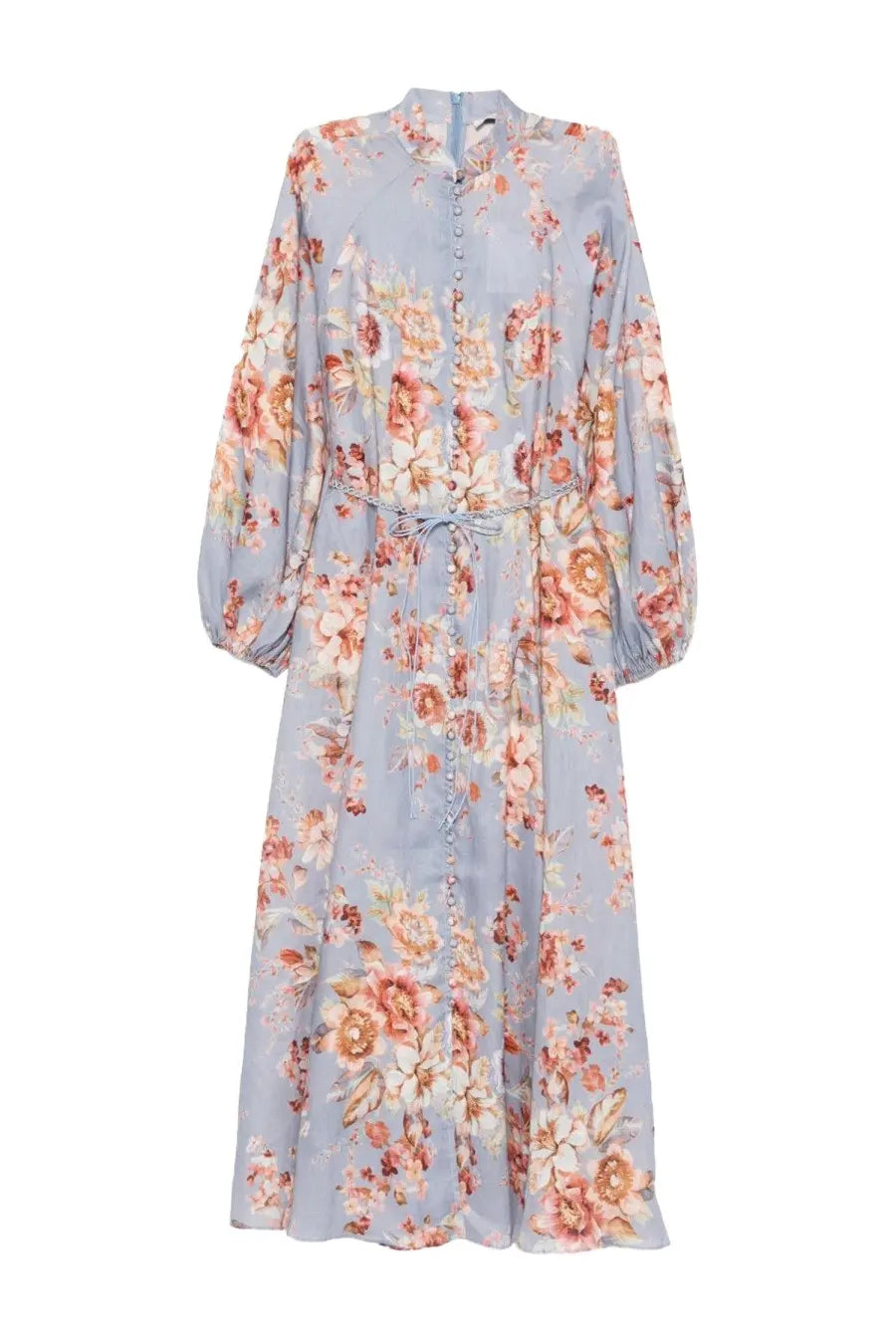 Zimmermann women’s aweken billow dress multicolor flowing light blue floral with long puffed sleeves and matching belt