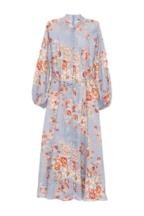 Zimmermann women’s aweken billow dress multicolor flowing light blue floral with long puffed sleeves and matching belt