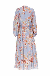 Zimmermann women’s aweken billow dress multicolor flowing light blue floral long sleeve sheer fabric with cinched waist