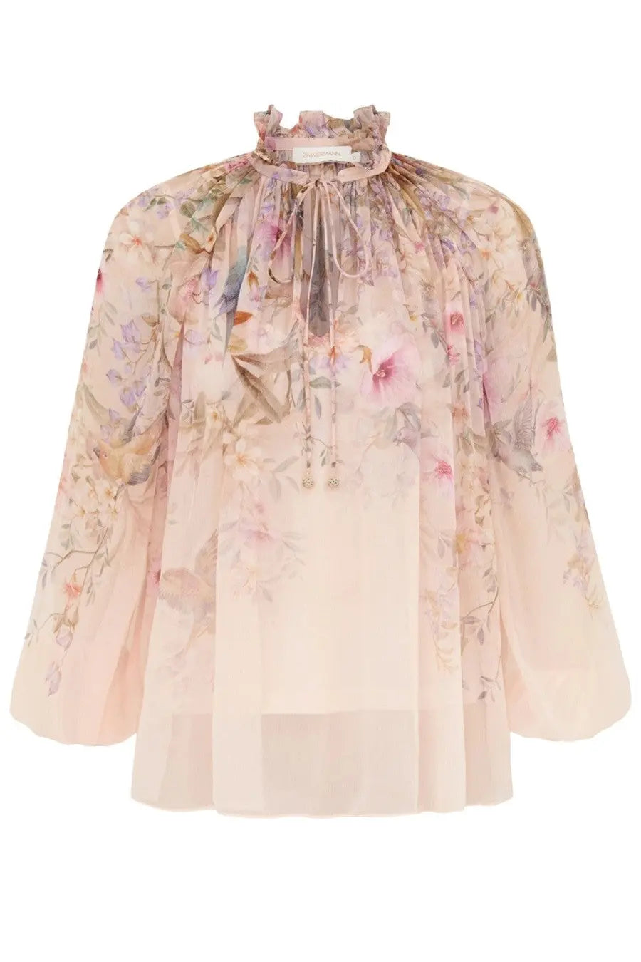Zimmermann women’s billow rebellion blouse white blush pink sheer floral fabric with high ruffled neckline