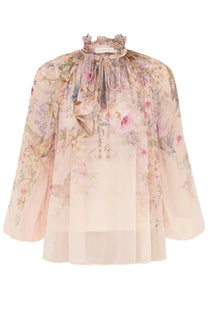 Zimmermann women’s billow rebellion blouse white blush pink sheer floral fabric with high ruffled neckline