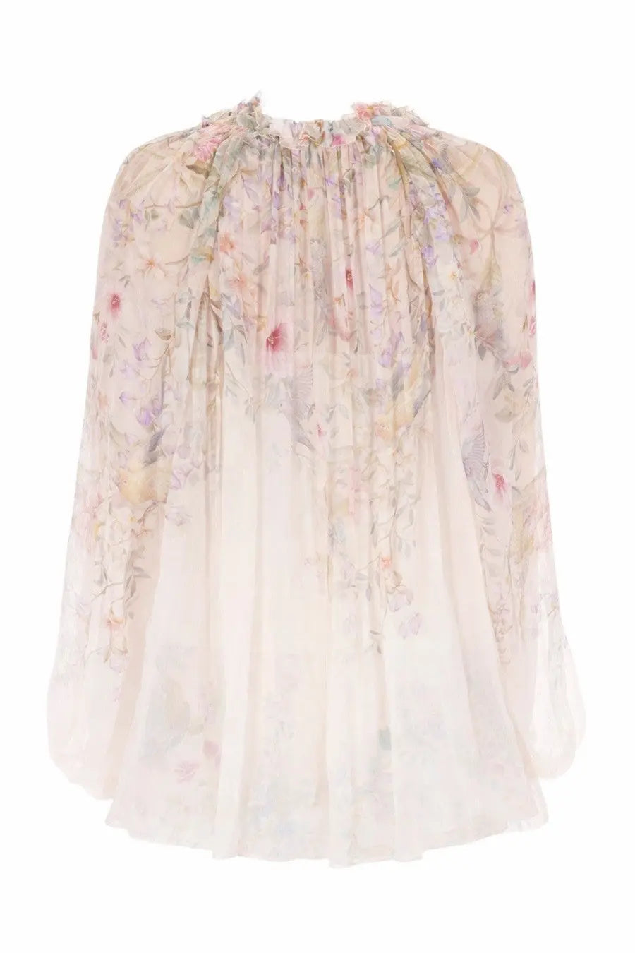 Zimmermann women’s billow rebellion blouse white is a delicate sheer blouse with pastel floral pattern and ruffled neckline
