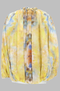 Zimmermann women’s blusa alchemy twist billow yellow flowing tie-dye blouse with gathered neckline in yellow and blue