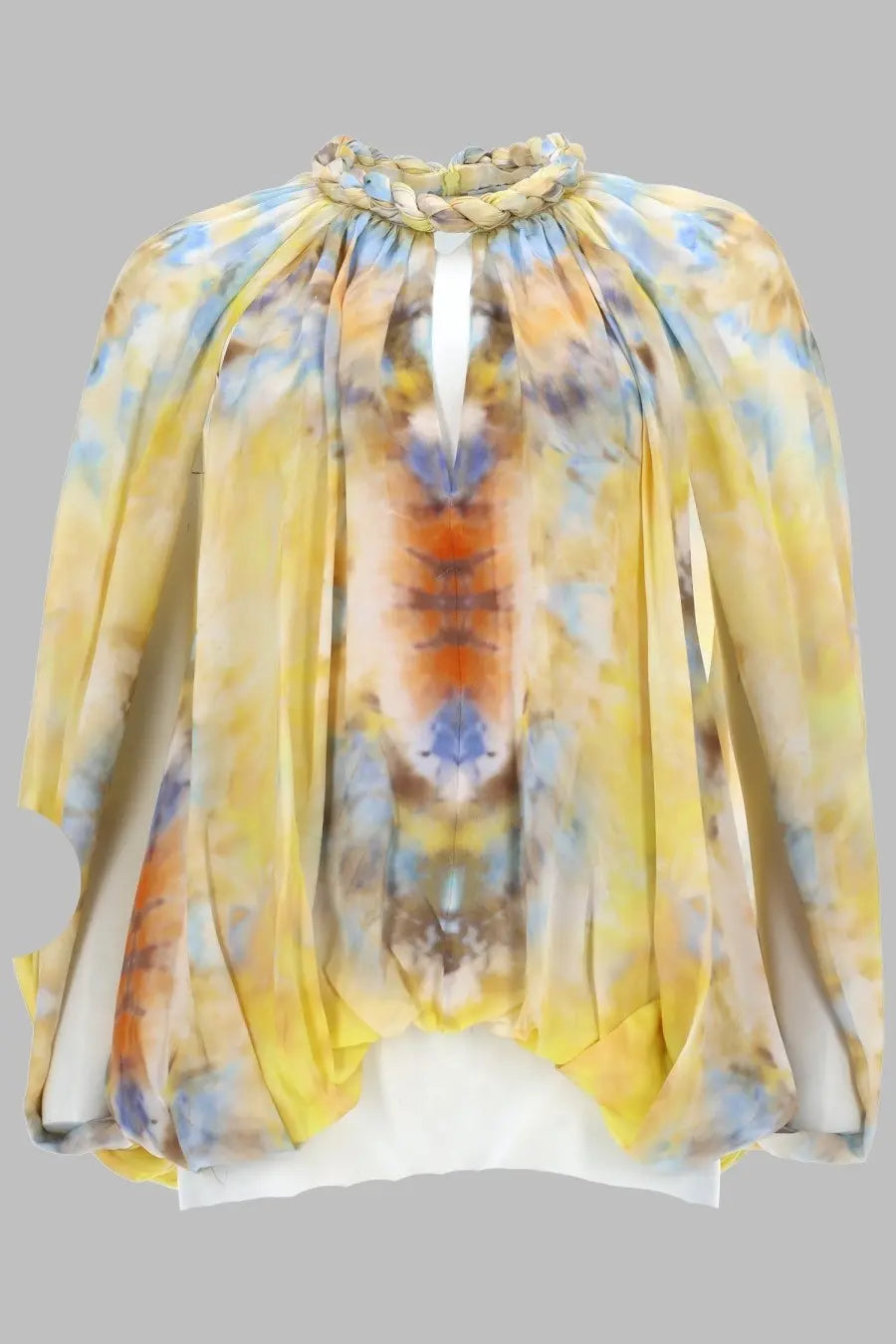 Zimmermann women’s blusa alchemy twist billow yellow flowing long-sleeved blouse with braided neckline and vibrant tie-dye pattern