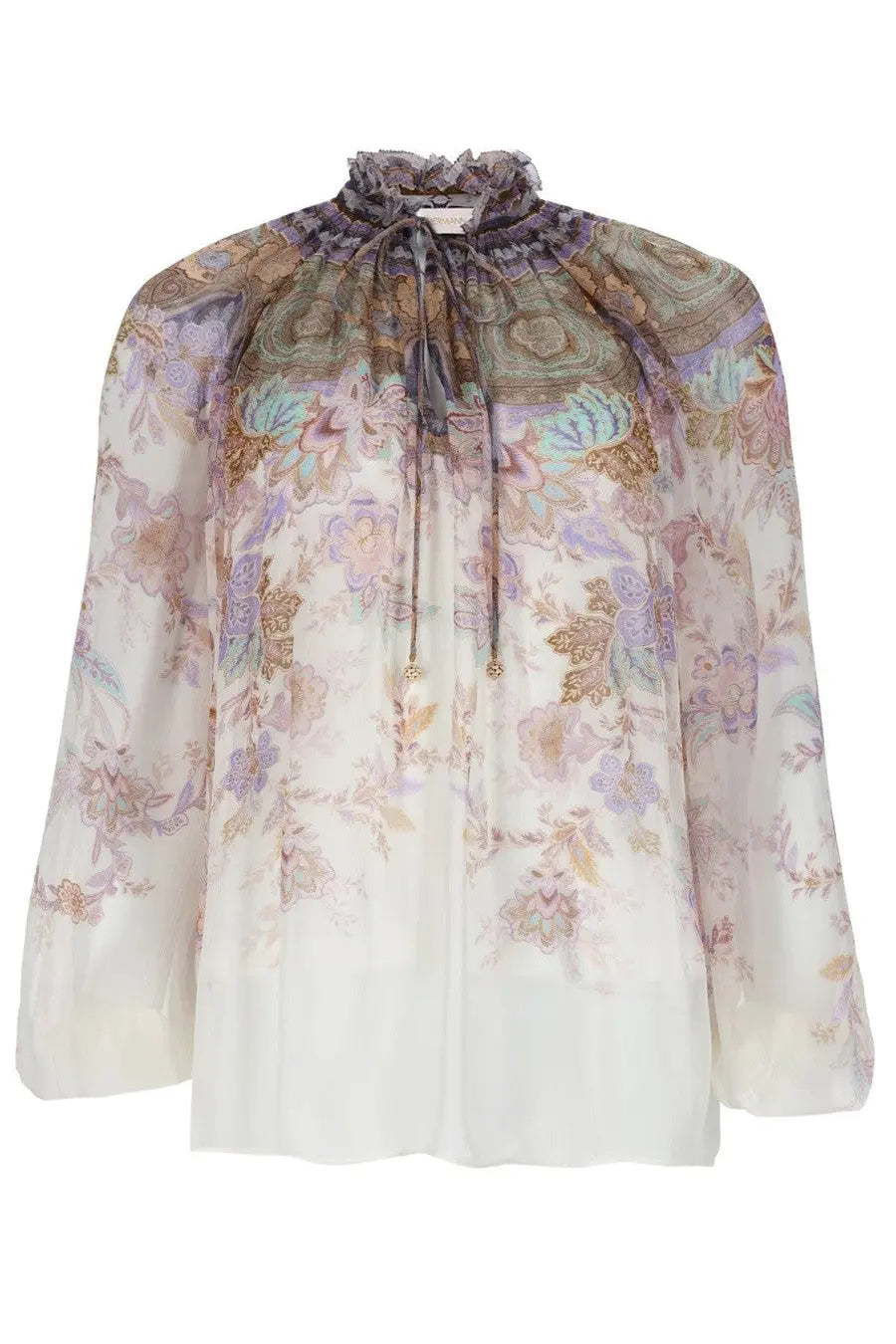Zimmermann women’s blusa luna con maniche sbuffo multicolor sheer blouse with lavender and gold floral pattern and ruffled neck